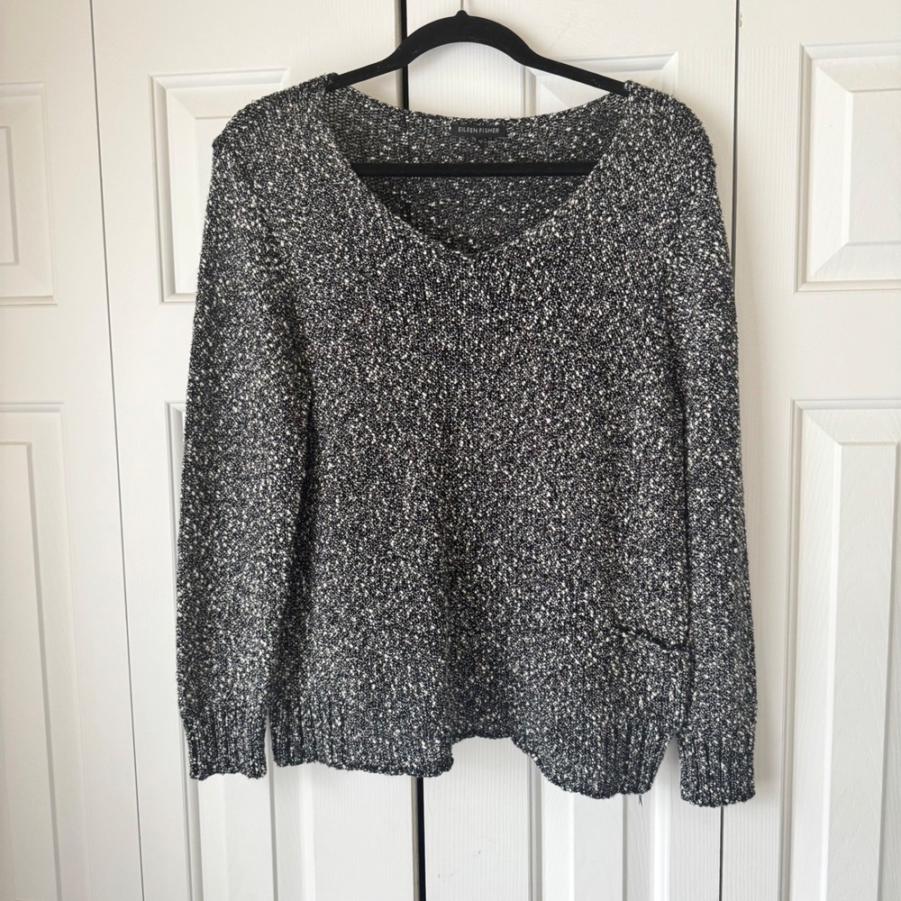 Eileen Fisher Womens Black White Marled Cotton V-Neck Sweater Italian Size M